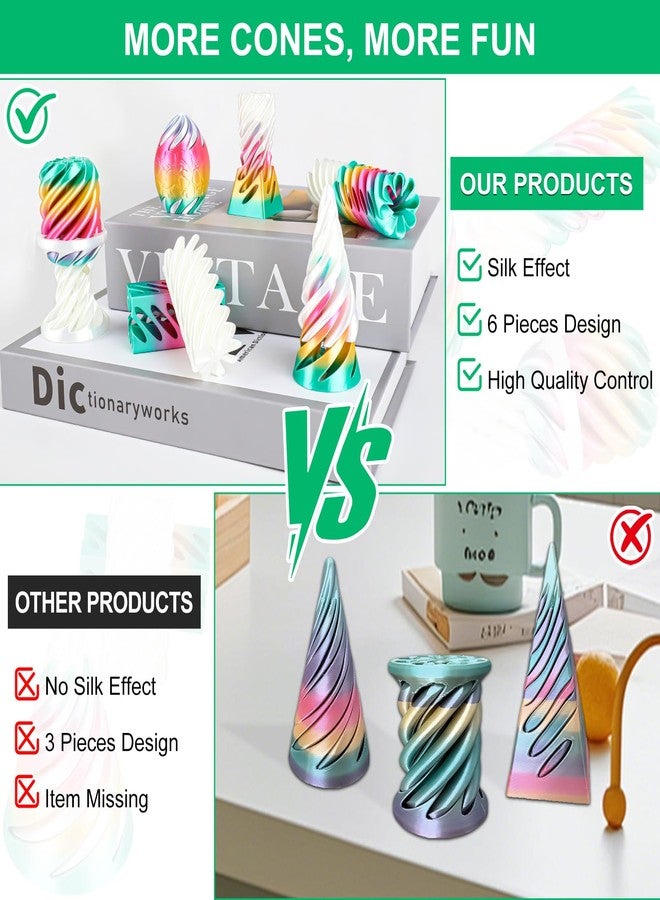dikale 6 Packs Spiral Cone 3D Printed Fidget Toy Set, Flexible Impossible Cone Pyramid Passthrough Toys for Stress Relief,Desk Deco Relaxing for Kids Adults, Candy Gradient Rainbow & White - Image 3